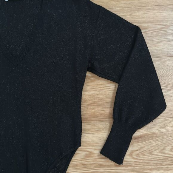 Zara Knit Womens Black Glitter Sweater Bodysuit Medium Cozy Comfy Trendy VNeck - Picture 3 of 6